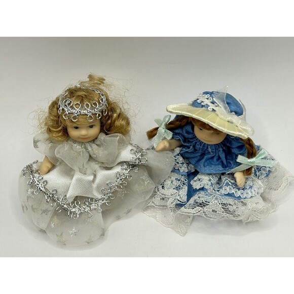 Miniature Porcelain Jointed Dolls w White Silver Star & Blue Dress 2.5" Lot of 2 - Picture 6 of 10